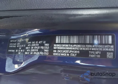 2018 Jeep Renegade Limited Fwd from USA, damaged, VIN ZACCJADB7JPH13615